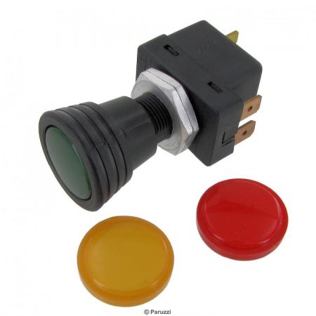 afbeelding Bosch aan/uit trekschakelaar met een groene, gele en rode lens. - maximale stroomsterkte 4 Ampere. - montagegat 12.5 mm. - plaatdikte maximaal 6 mm