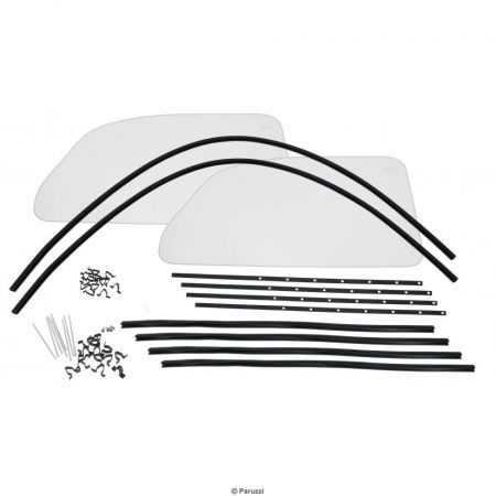afbeelding One-Piece ruiten set met blank glas en snap-in ruitrubbers (per paar) Kever sedan 8/64 en later