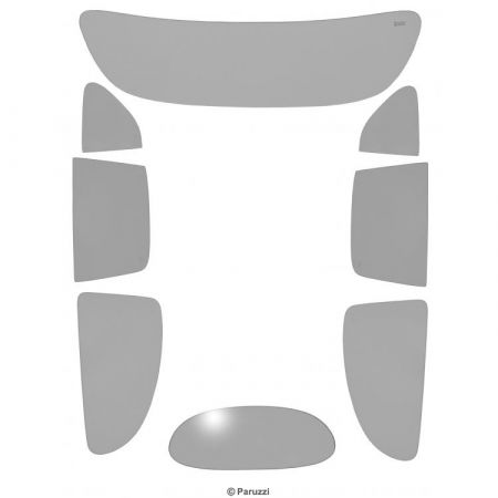 afbeelding Standaard ruitenset grijs getint Kever sedan 4/1953 t/m 7/1957  Specificaties: Materiaal: Laminated voorruit met tempered zijkant glass Heated achter ruit: No