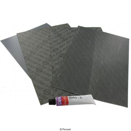 Pakkingpapier set + vloeibaar. 4 sheets 210 x 300 mm (1.25- 0.75-1.0-0.5 mm). 20 ml sealing compound